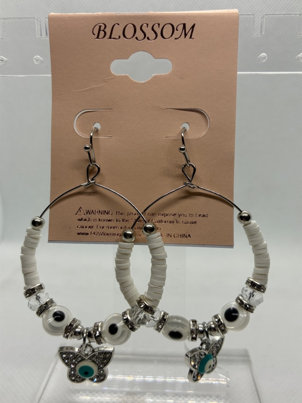 3For$20 Blossom White Beaded Hoop Earrings with Butterfly Charm